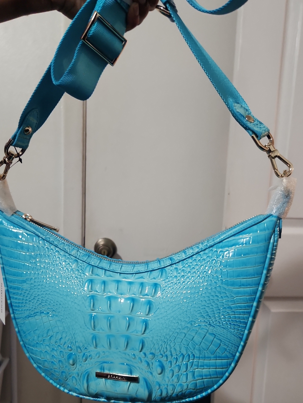Brahmin Blue Croc-Embossed Crescent Shoulder Bag